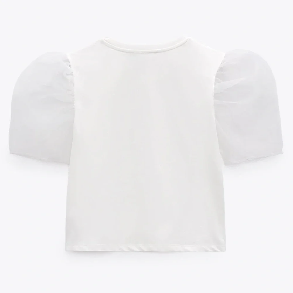 ZARA White T Shirt with Puff Organza Sleeves Tee Blouse $49.90